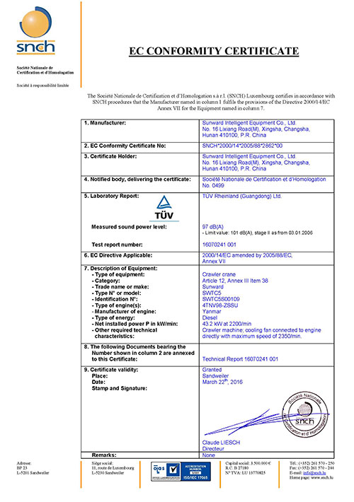 SWTC5伸縮臂履帶起重機(jī)獲歐盟市場“護(hù)照”